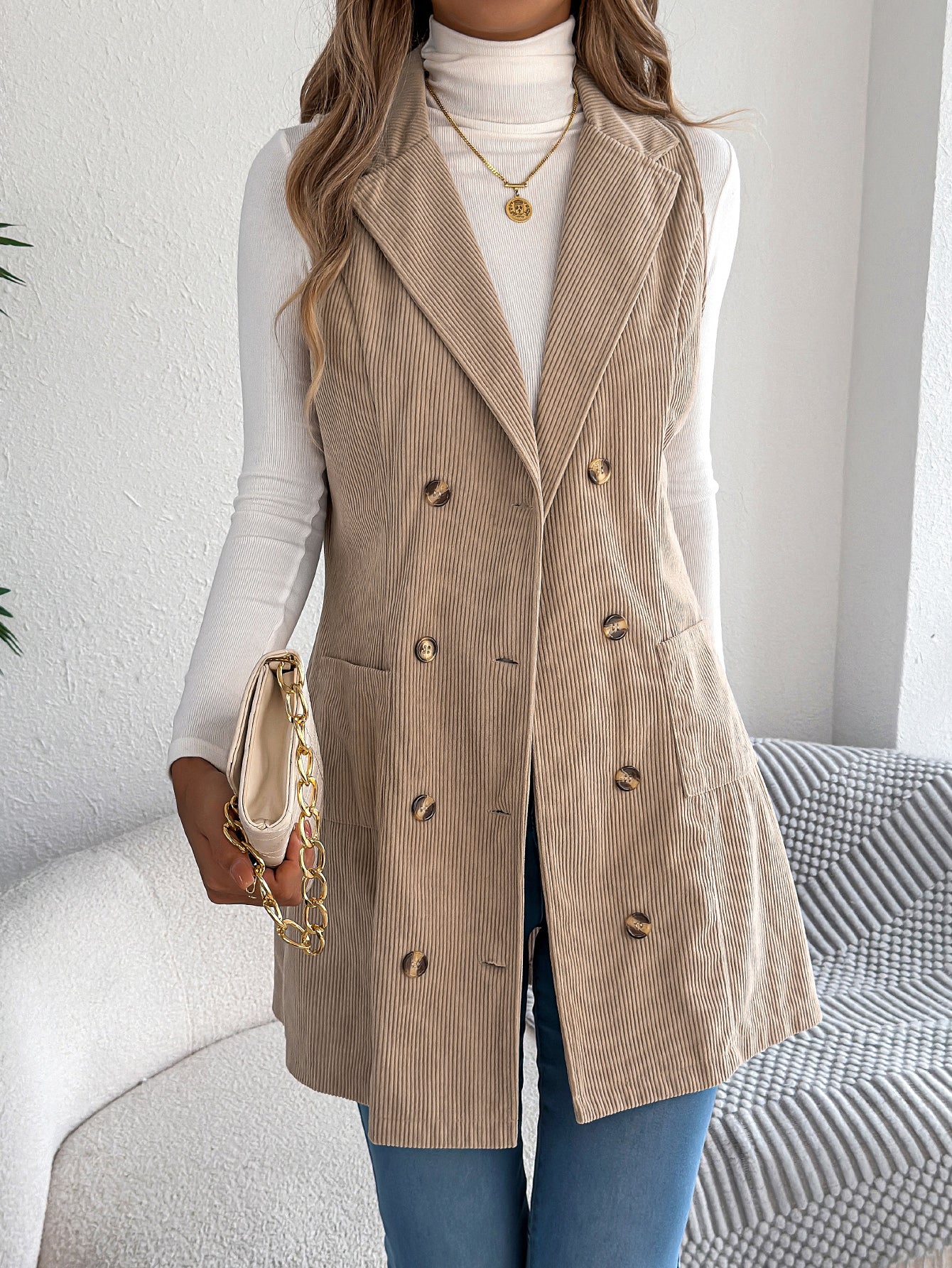 Women's Solid Color Double-Breasted Pocket Corduroy Long Vest Jacket