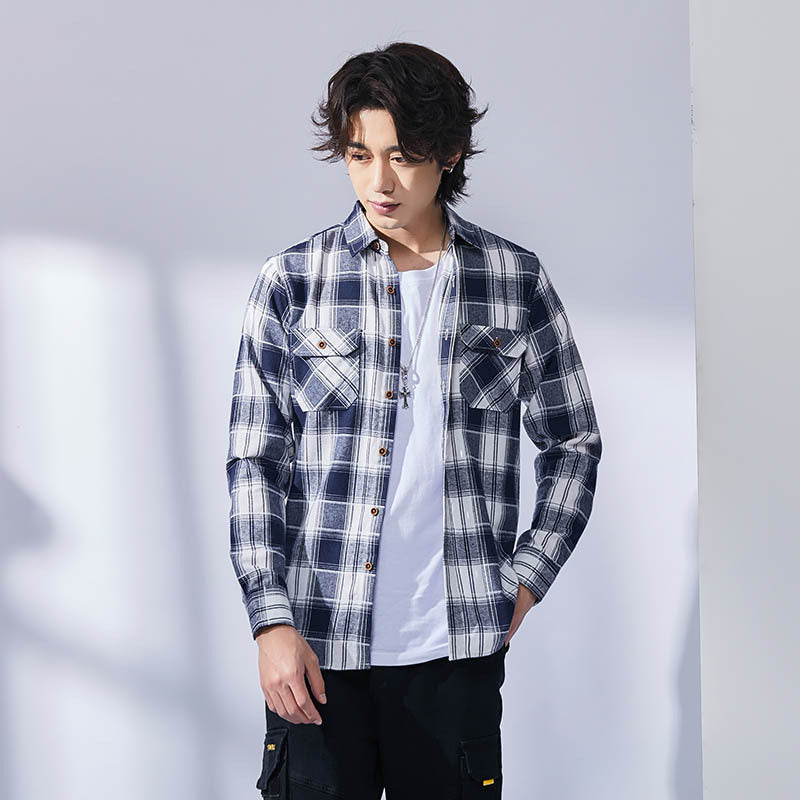 Men's Casual Plaid Lapel Long-sleeve Shirt