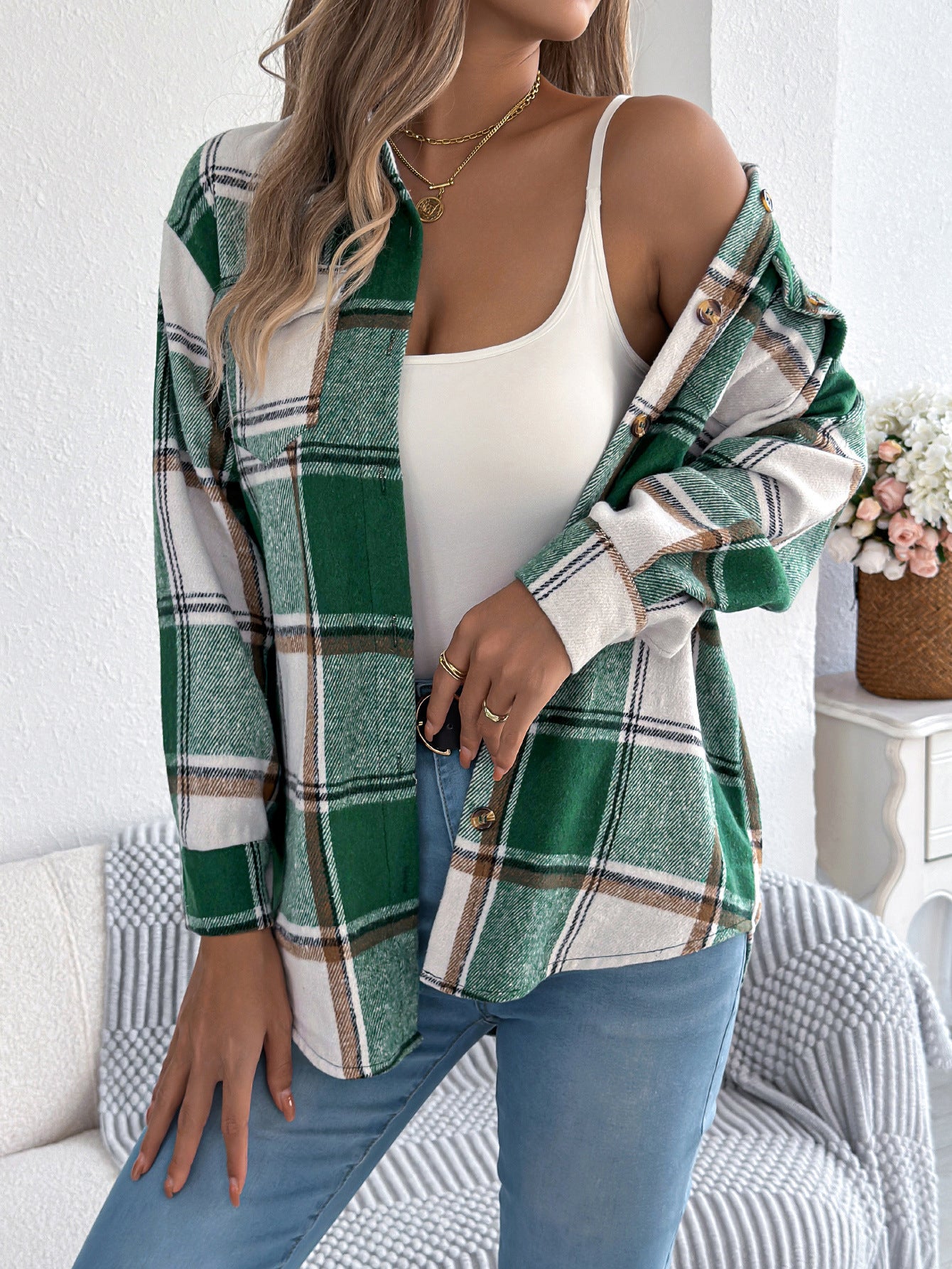 Women's Casual Plaid Woolen Mid-length Coat