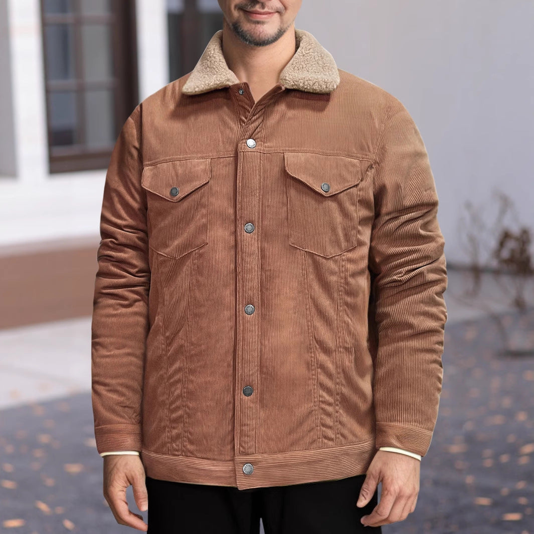 Men's Long Sleeve Lapel Corduroy Fleece-lined Jacket