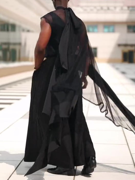 Black Mesh Irregular Hem Wide-leg Pants Suit