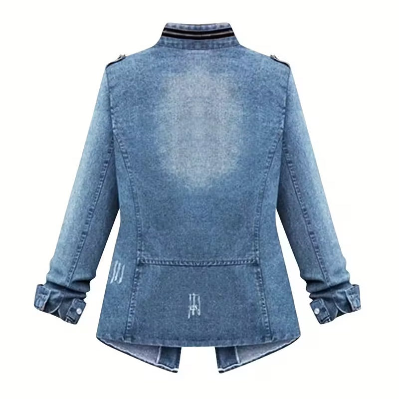 Plus Size Women's Denim Jacket, Solid Color Stand Collar Long Sleeve Zip Front Coat With Button Accents