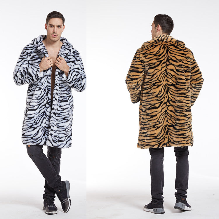 Men's Faux Fur Coat Tiger Pattern Long-cut