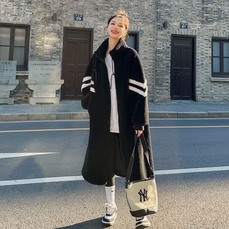 Women's Black Patchwork Lambswool Long Velvet Coat