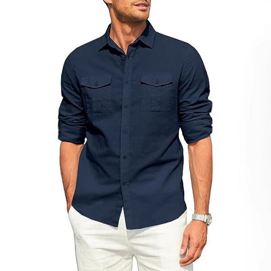 Men's Casual Long-sleeve Shirt With Double Pockets European And American Style