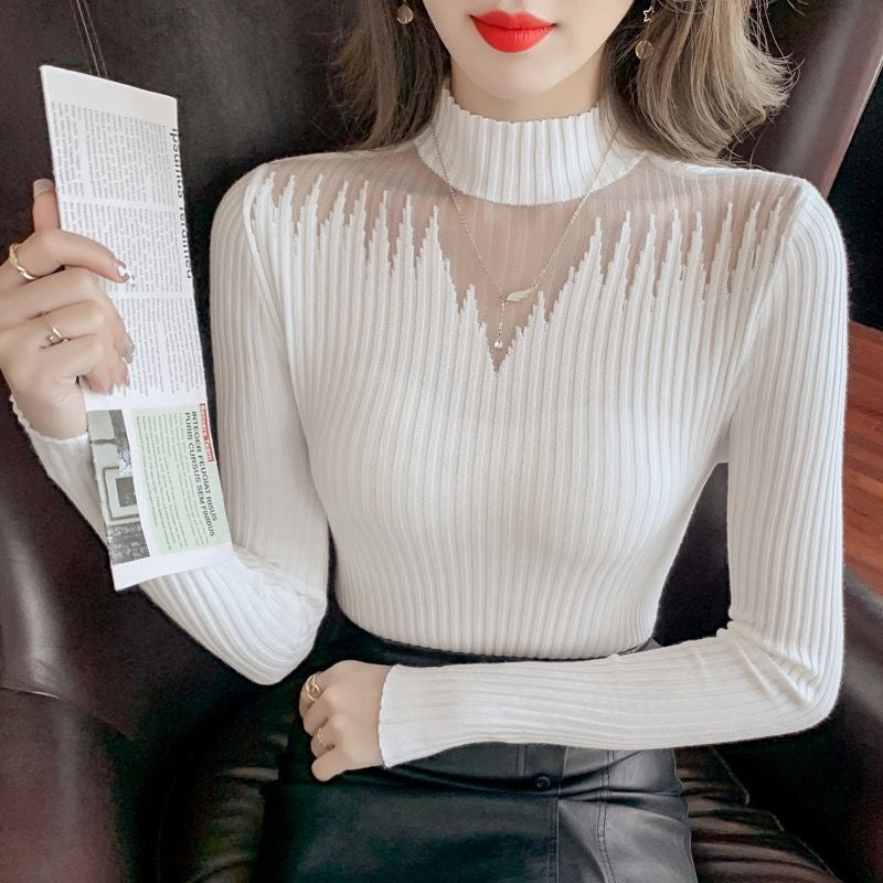 MeshPanel HalfHigh Neck Knitted Base Sweater For Women SlimFit Innerwear Stylish Top