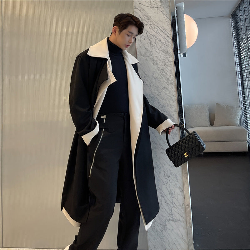 Fashionable Contrast Color Large Lapel Mix And Match Bandage Dress Fake Two-piece Suit Coat