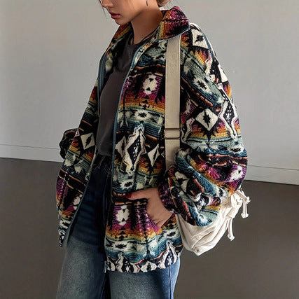 Ethnic-style Printed Fleece Zip-up Jacket For Warmth