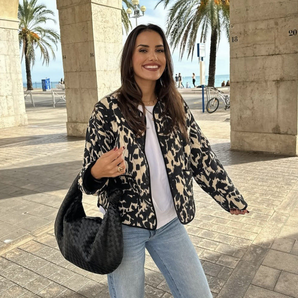 Women's Fashionable Printed Snap-button Long-sleeved Jacket