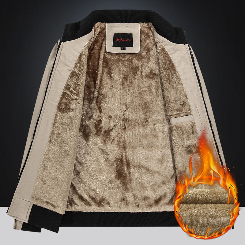 Fleece-lined Thickened Korean Style Casual Polo Collar Flight Jacket Warm-keeping Cotton Clothing