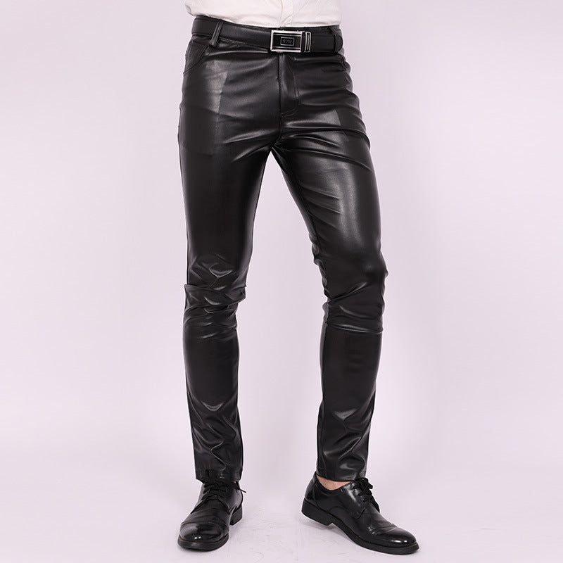 Men's Skinny Pants Tight Elastic Trend Motorcycle Male Nightclub Leather Pants