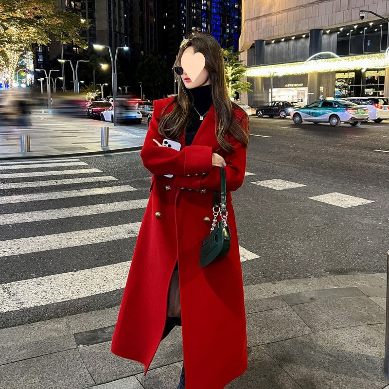 Red Temperament Long Sleeve Women's Woolen Coat