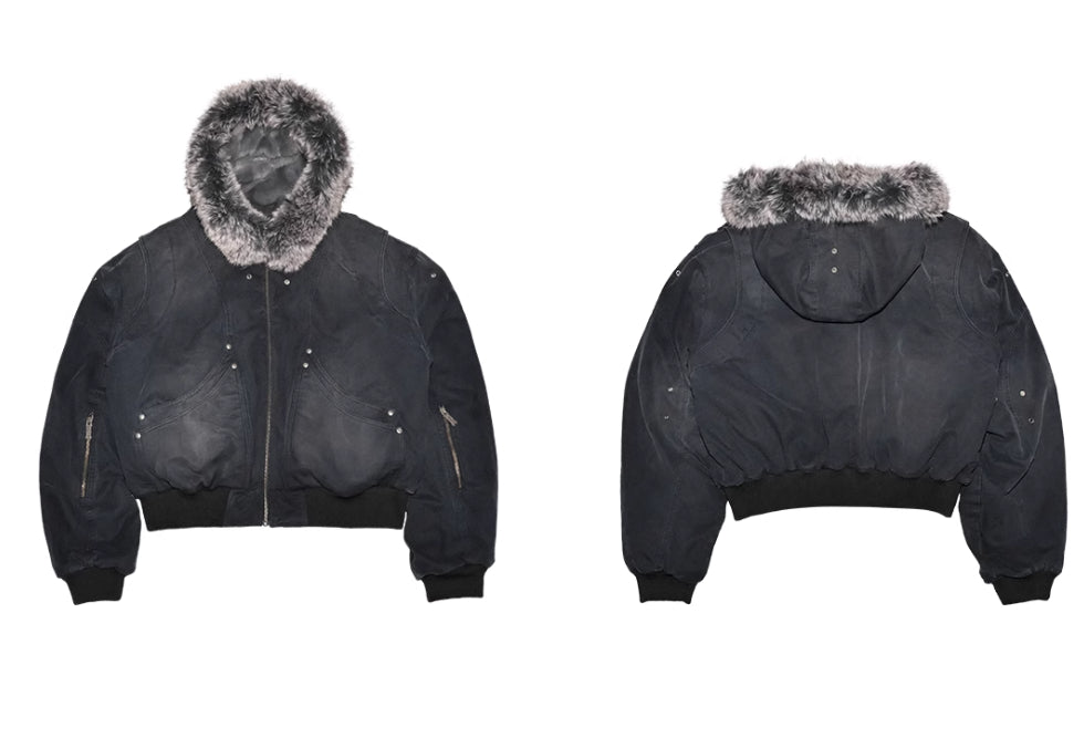 Fur Collar Washed Canvas Split Mountain Carving Jacket
