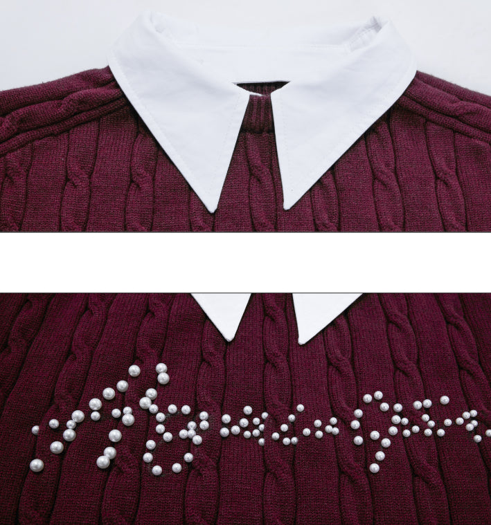 Fake Two-piece Design Thickened Sweater Pearl Embellished Knitted Top