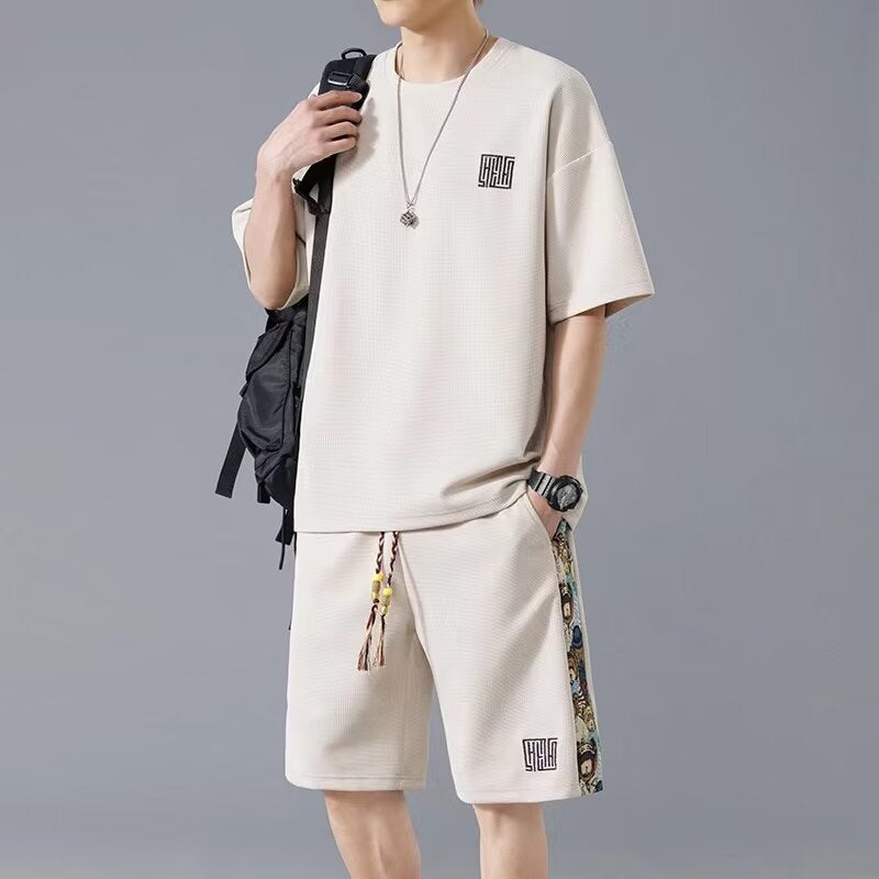 Waffle Embroidery Summer Loose All-match Short Sleeve Two-piece Set