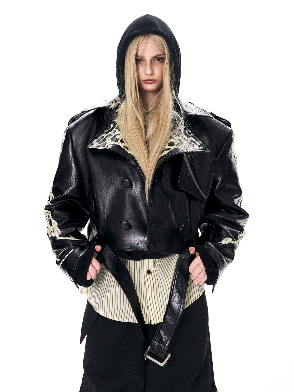 Lapel Pu Handsome Sequins Cropped Leather Coat Men