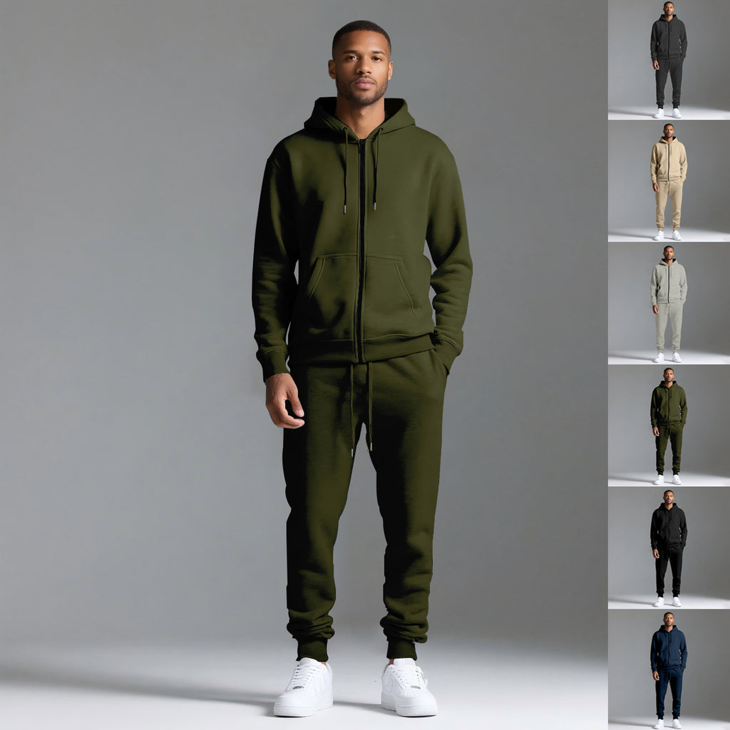 Men's Solid Color Long-sleeve Long Pants Hooded Sportswear Set
