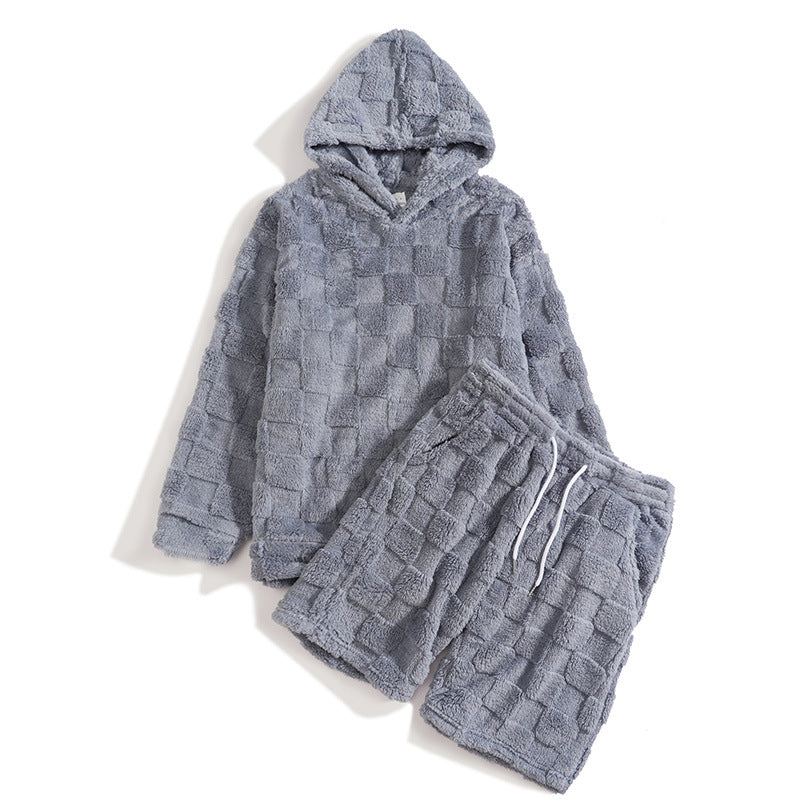 Men's Slim-fit Crew-neck Long-sleeve Shorts Plaid Two-piece Set