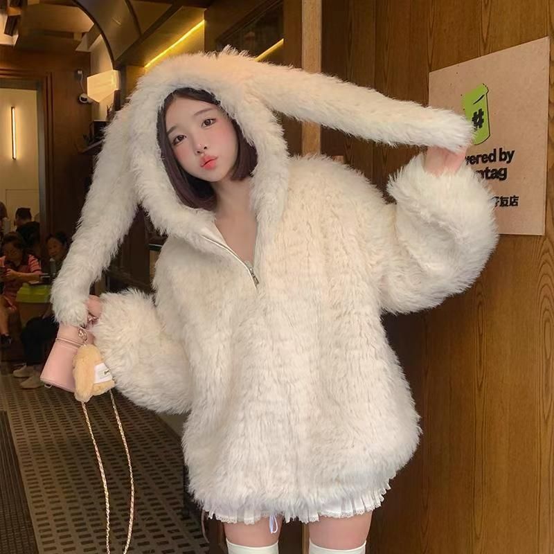 New Cute Rabbit Ears Loose Thick Furry Sweater