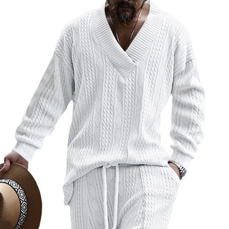 European And American Style Men's Clothing Jacquard Loose-fitting Knitted Solid Color Casual V-neck Long-sleeve Knitwear