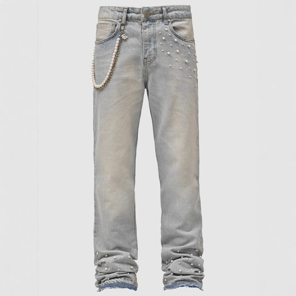 Men's Street Fashion Elastic Diamond Denim Straight-leg Pants