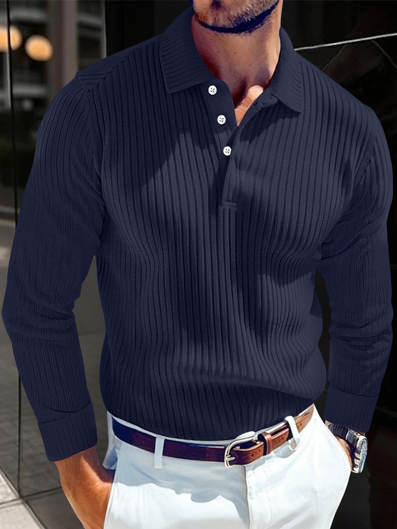 Men's T-shirt With A Turn-down Collar, Buttoned Long-sleeve Polo Shirt