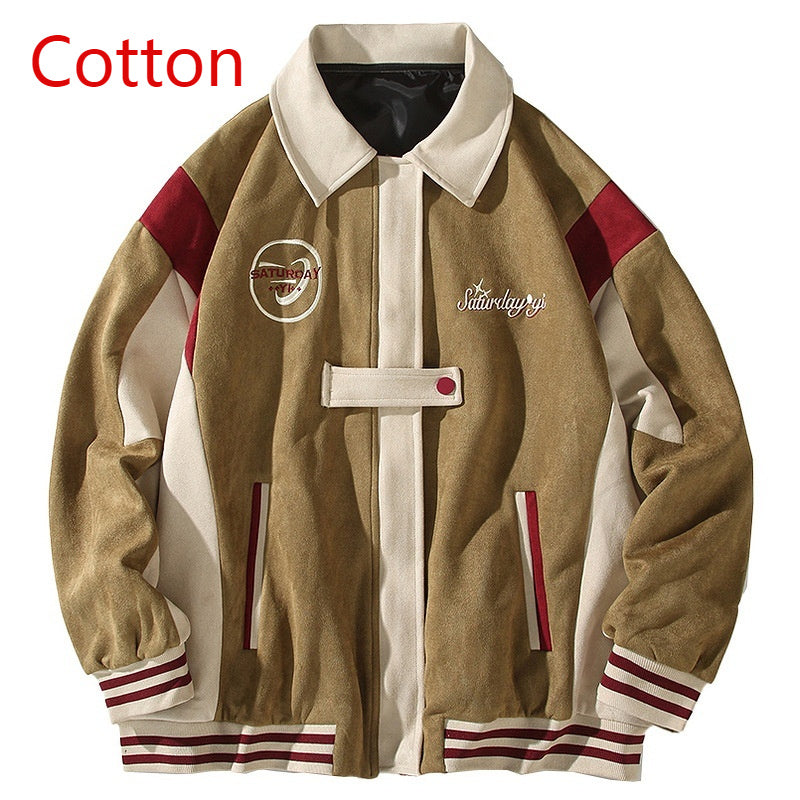 American Retro Color Block Embroidery Turn-down Collar Coat