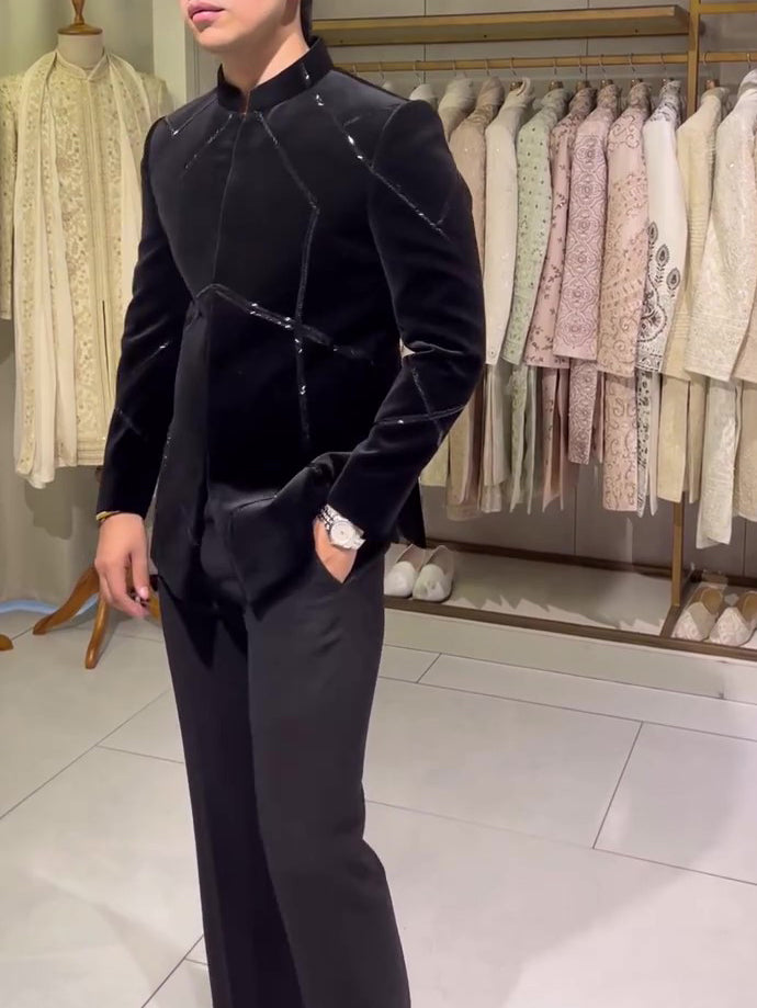 Chic Black Structured Jacket With Contrast Geometric Accents