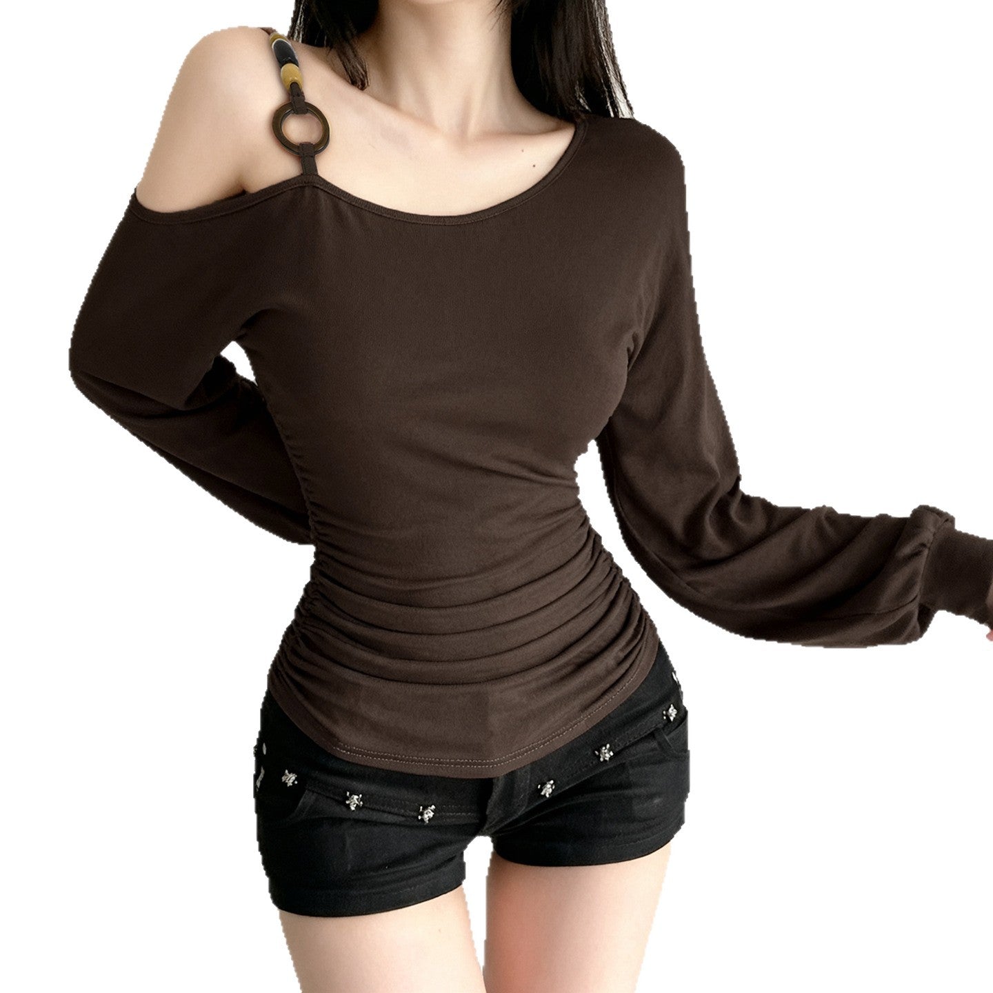 Vintage Off-shoulder Beaded-strapped Lantern-sleeve T-shirt