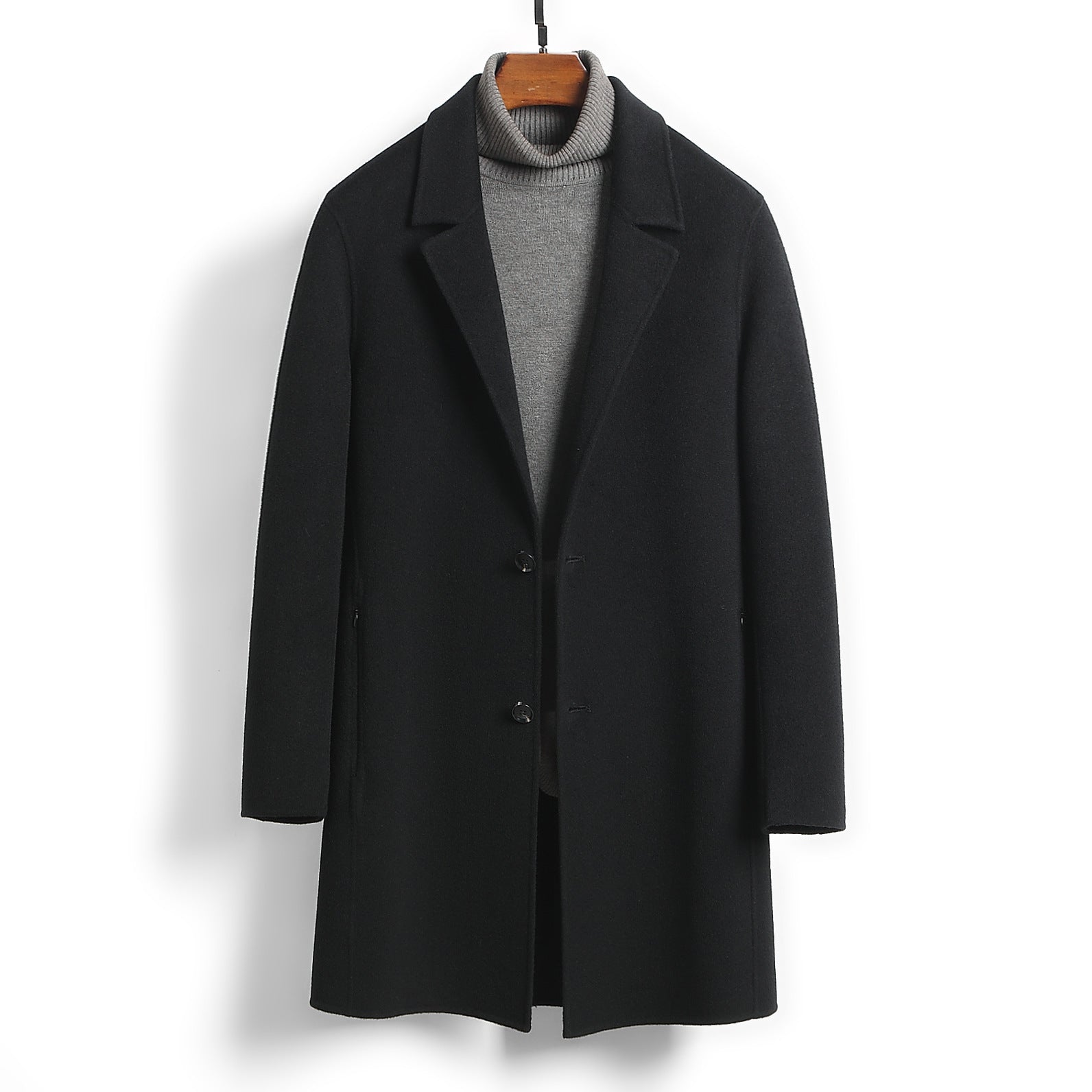 Male Solid Color Worsted Wool Mid-length Slim-fit Coat