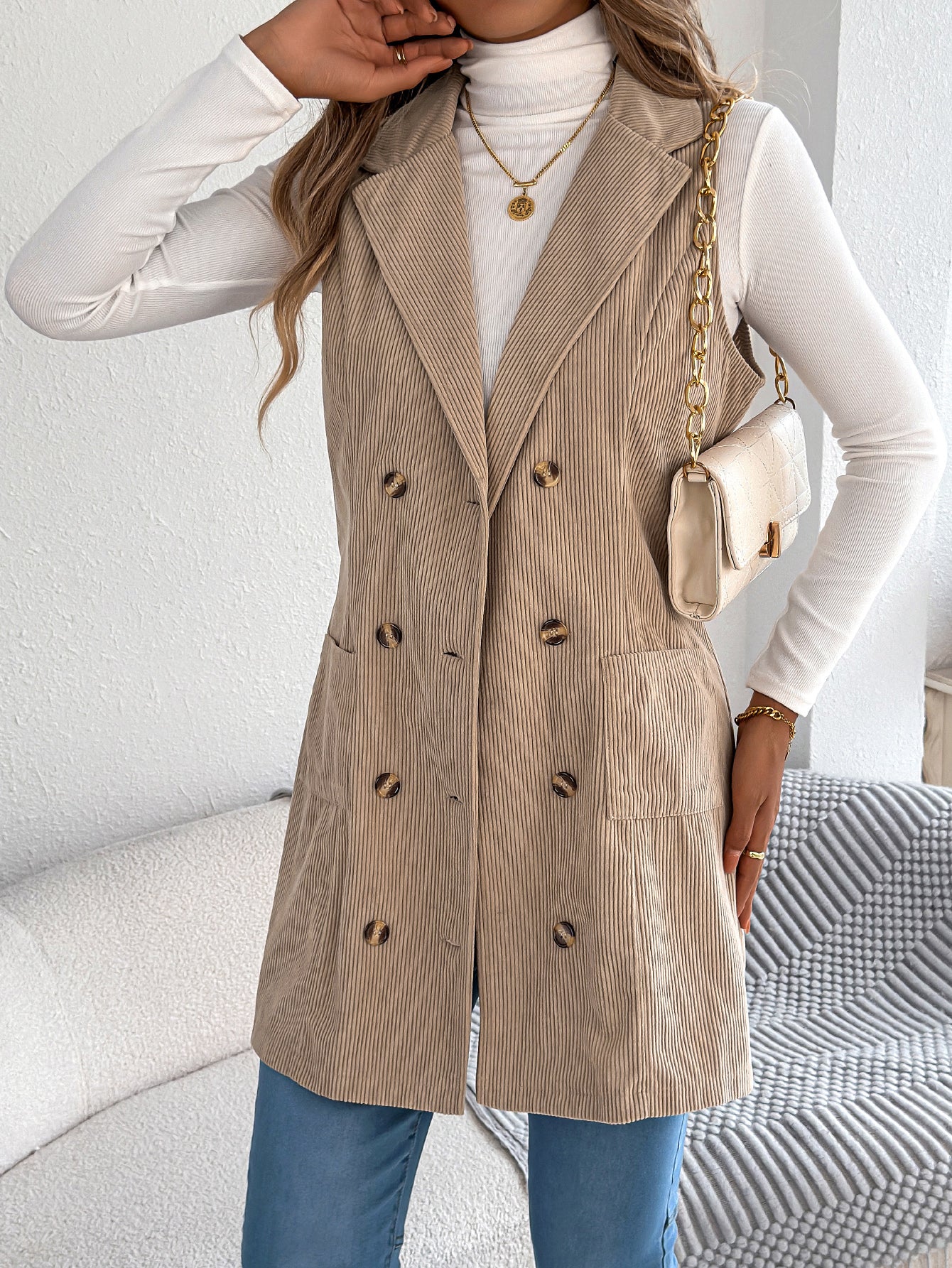 Women's Solid Color Double-Breasted Pocket Corduroy Long Vest Jacket