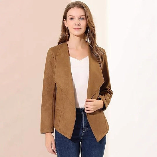 Casual Suede Lapel Long Sleeve Short Coat For Women