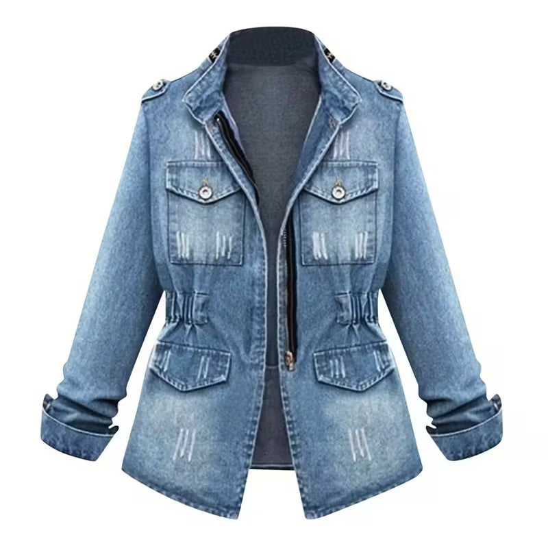 Plus Size Women's Denim Jacket, Solid Color Stand Collar Long Sleeve Zip Front Coat With Button Accents