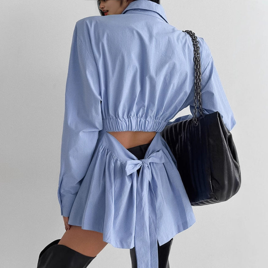 Temperament Commute All-match Cotton Shirt Long-sleeved Lace-up Top