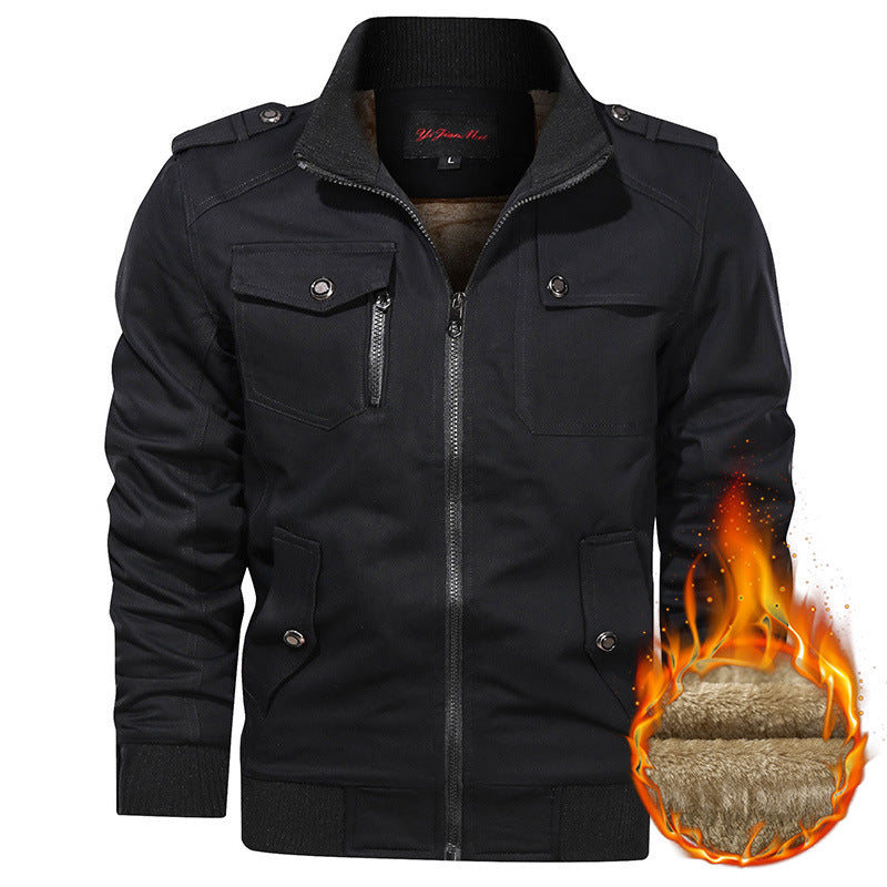 Fleece-lined Thickened Korean Style Casual Polo Collar Flight Jacket Warm-keeping Cotton Clothing