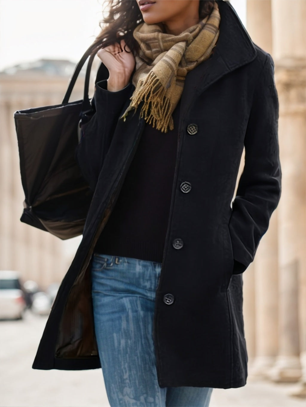 Women's Casual Tweed Coat - Solid Color Mid-Length H-Silhouette Button Front Long Sleeve