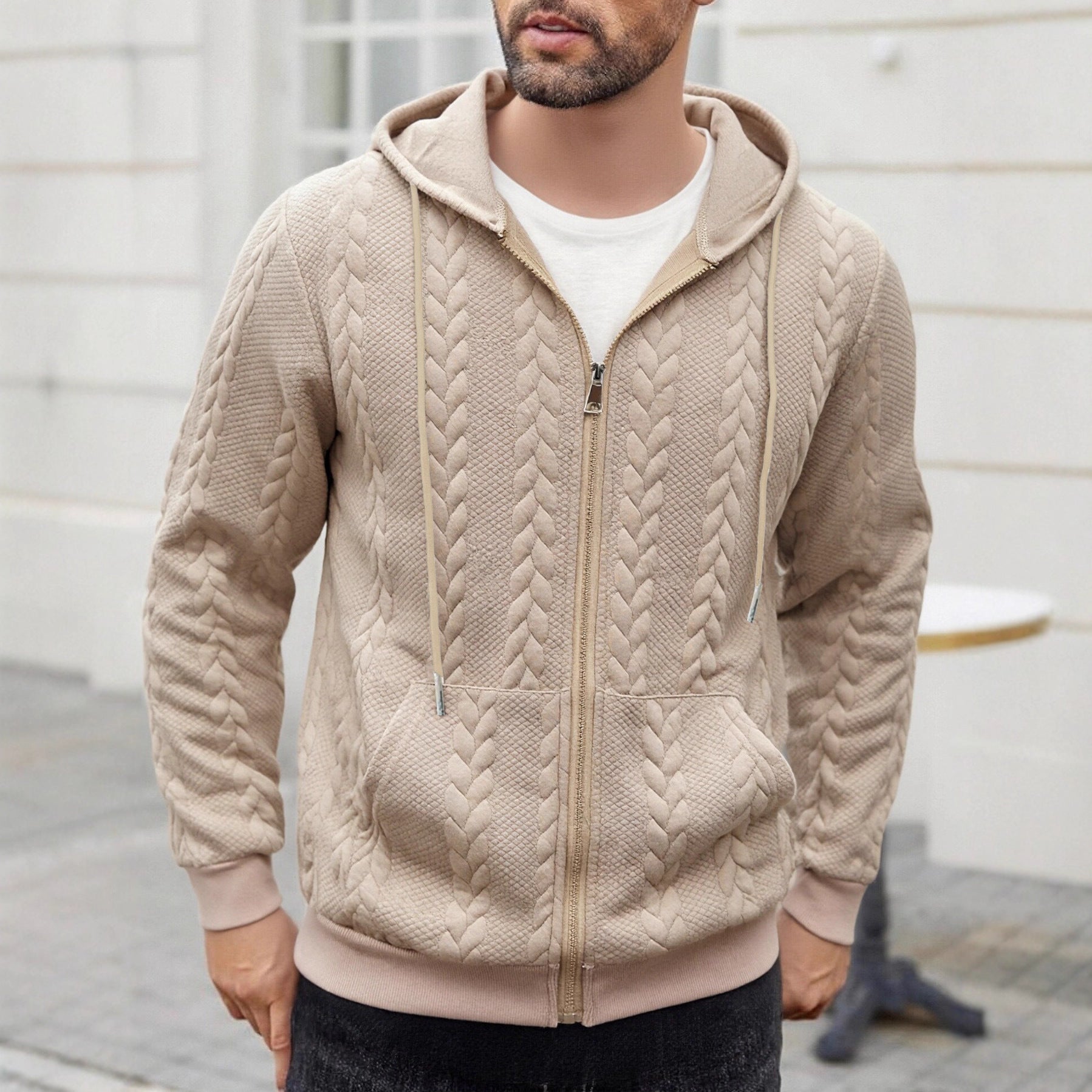 Men's Sporty Solid-Color Patterned Casual Hoodie Coat
