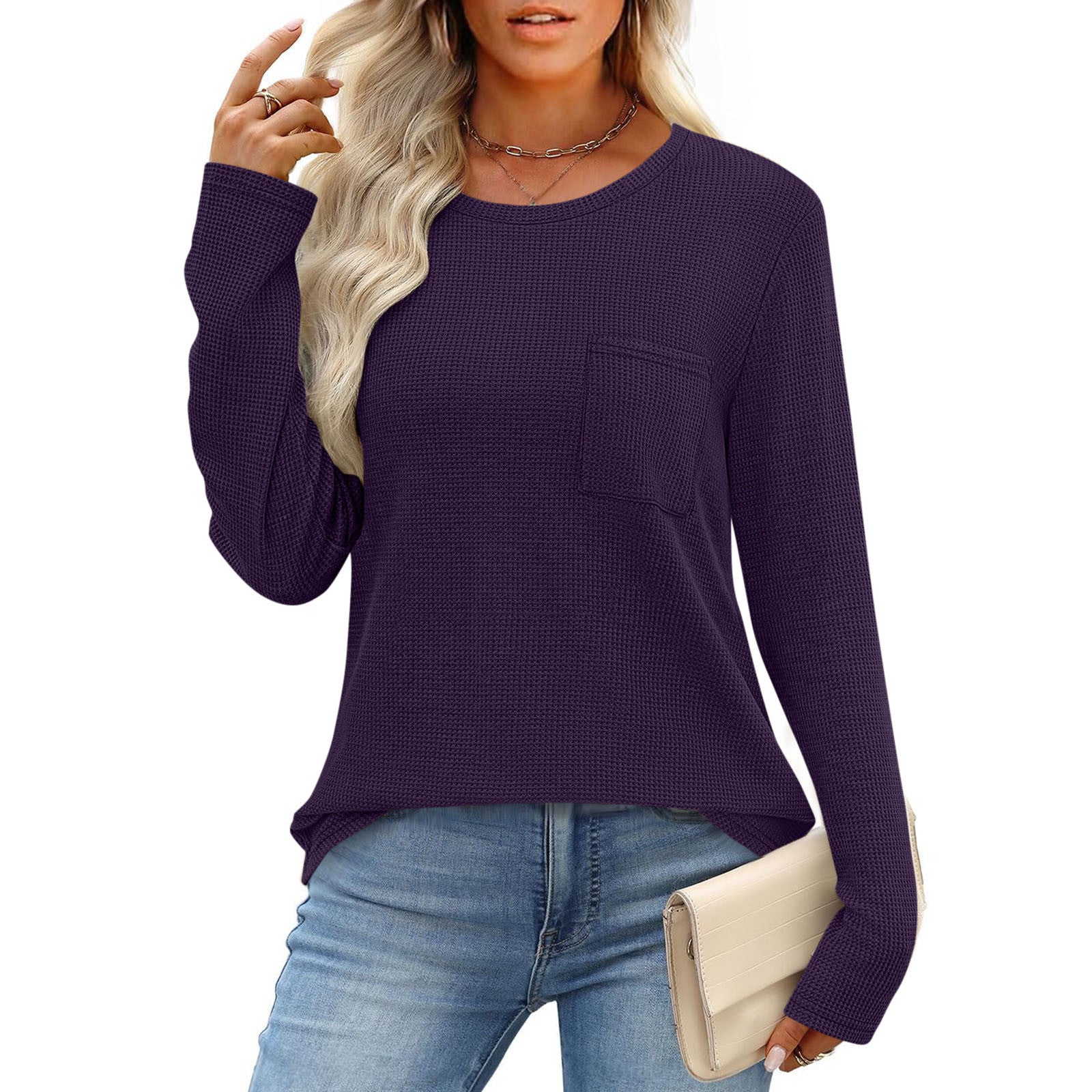 Women's Long-Sleeved Waffle Knit Top T-Shirt