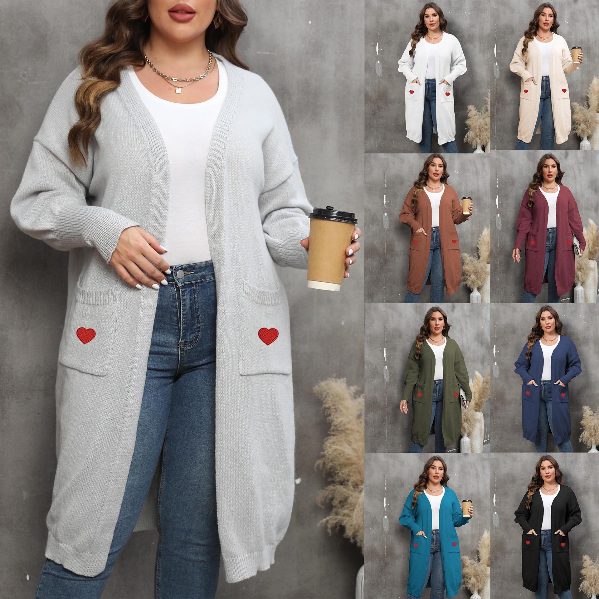 Women's Plus Size Mid-length Woven Love Double Pocket Lantern Sleeve Sweater Cardigan