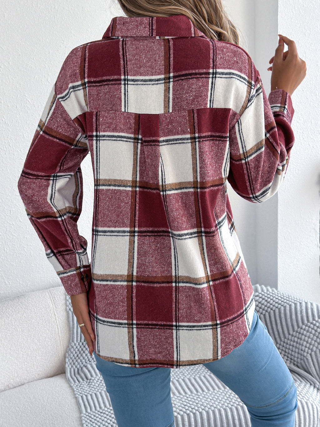 Women's Casual Plaid Fake Pocket Long Sleeve Tweed Mid-Length Coat