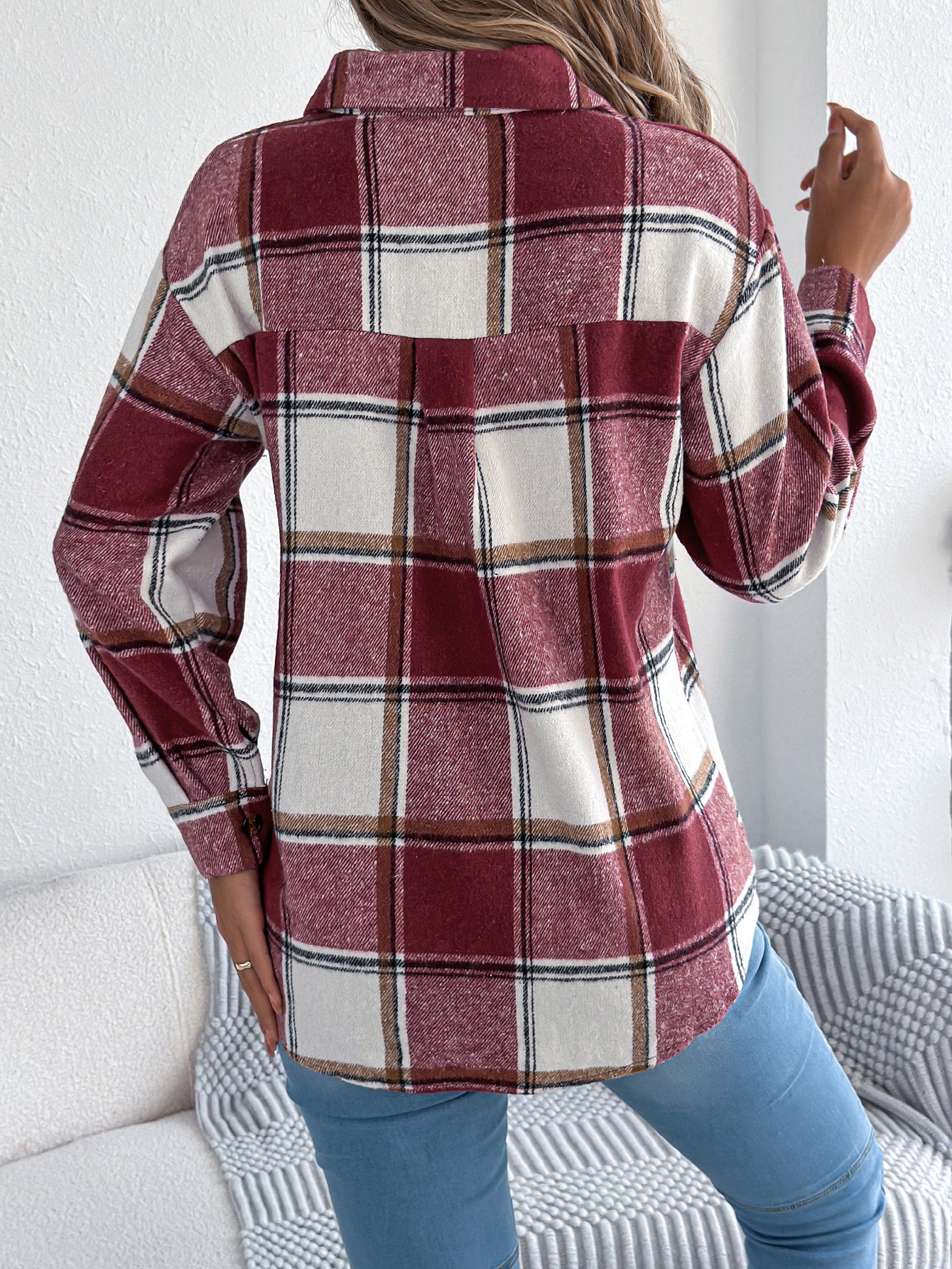 Women's Casual Plaid Fake Pocket Long Sleeve Tweed Mid-Length Coat