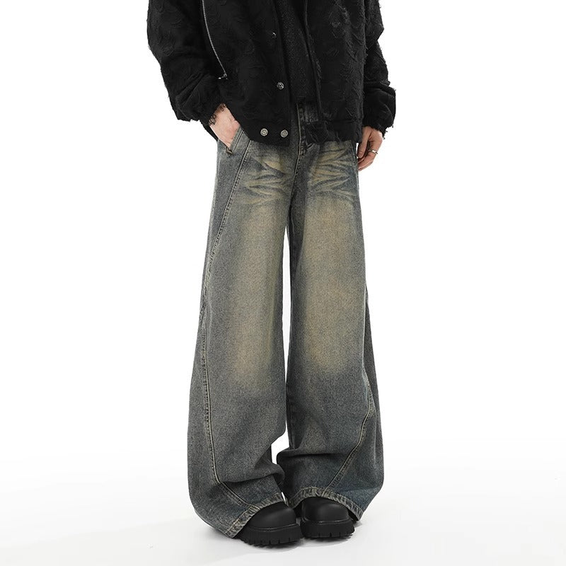Washed Distressed Stitching Jeans Men's Straight Loose Wide-leg Pants