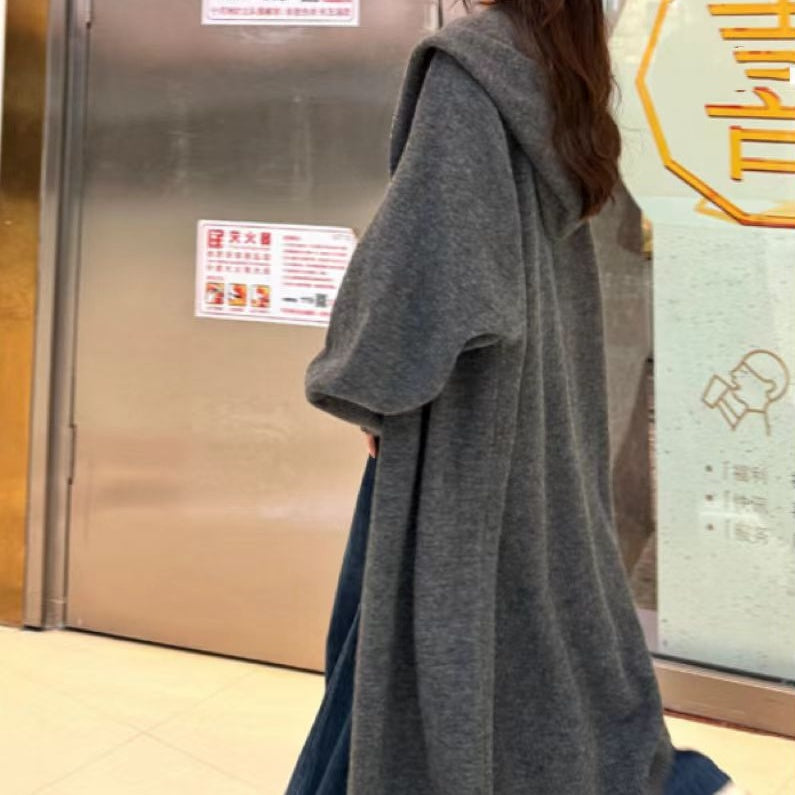 Korean Style Idle Style Hooded Long Below The Knee Knitted Cardigan For Women