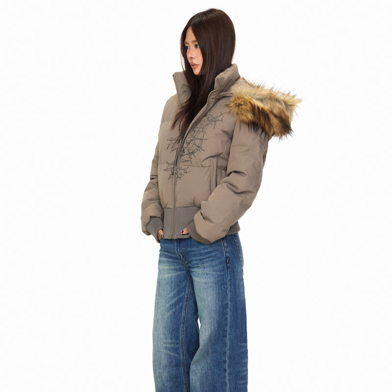 Detachable Fur Collar Printed Hooded Cotton Jacket Women's American Hot Girl