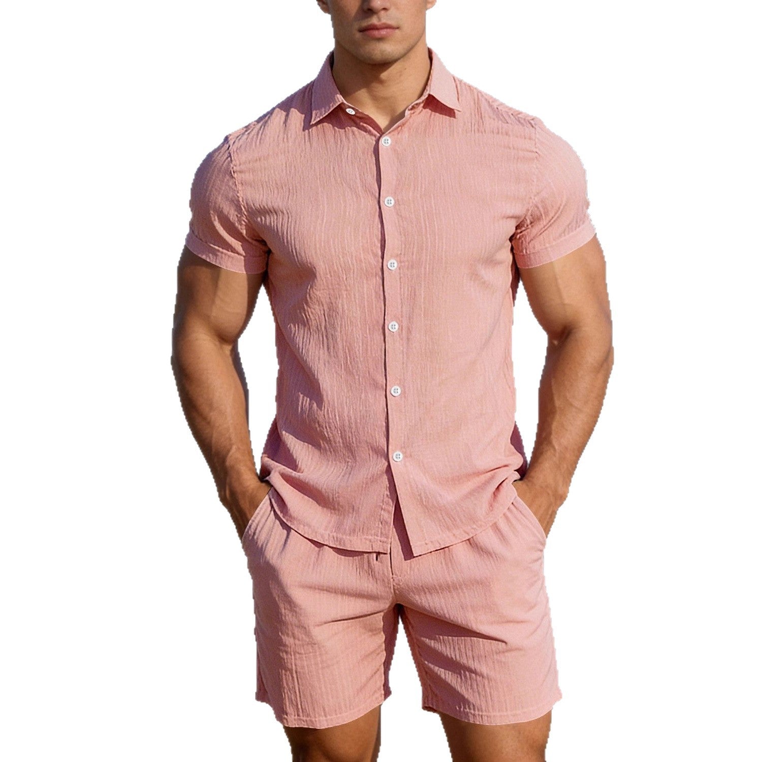 Men's Casual Button-up Short-sleeve Top And Shorts Two-piece Set