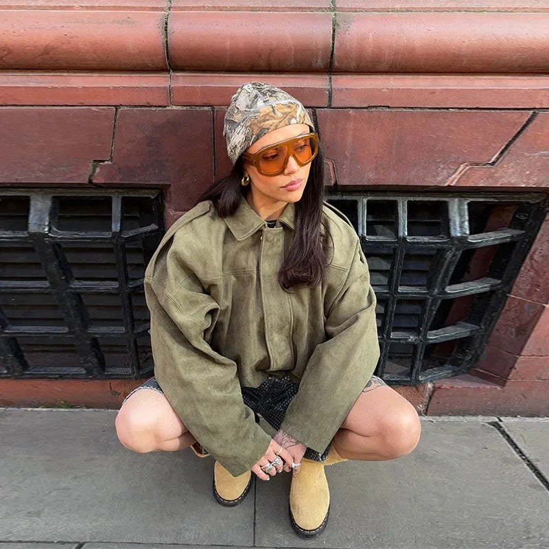 Pilot Jacket Batwing Sleeve Zipper Casual Top