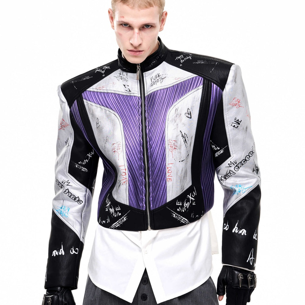 Short Stand-up Collar Graffiti Leather Jacket For Men