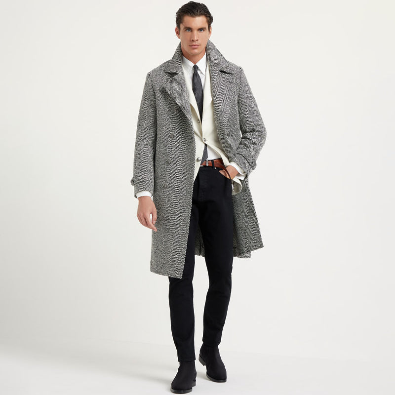 Men's Mid-length Double-breasted Tweed Overcoat