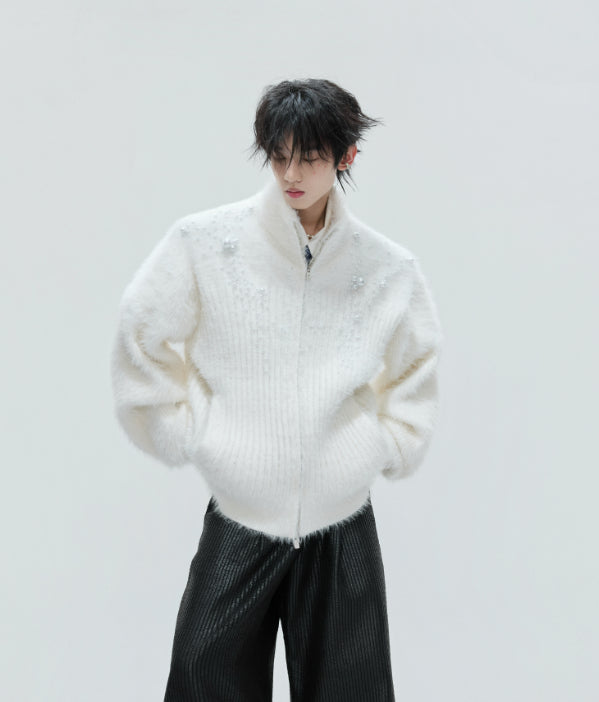 Turtleneck Plush Pearl Embellished Sweater Cardigan