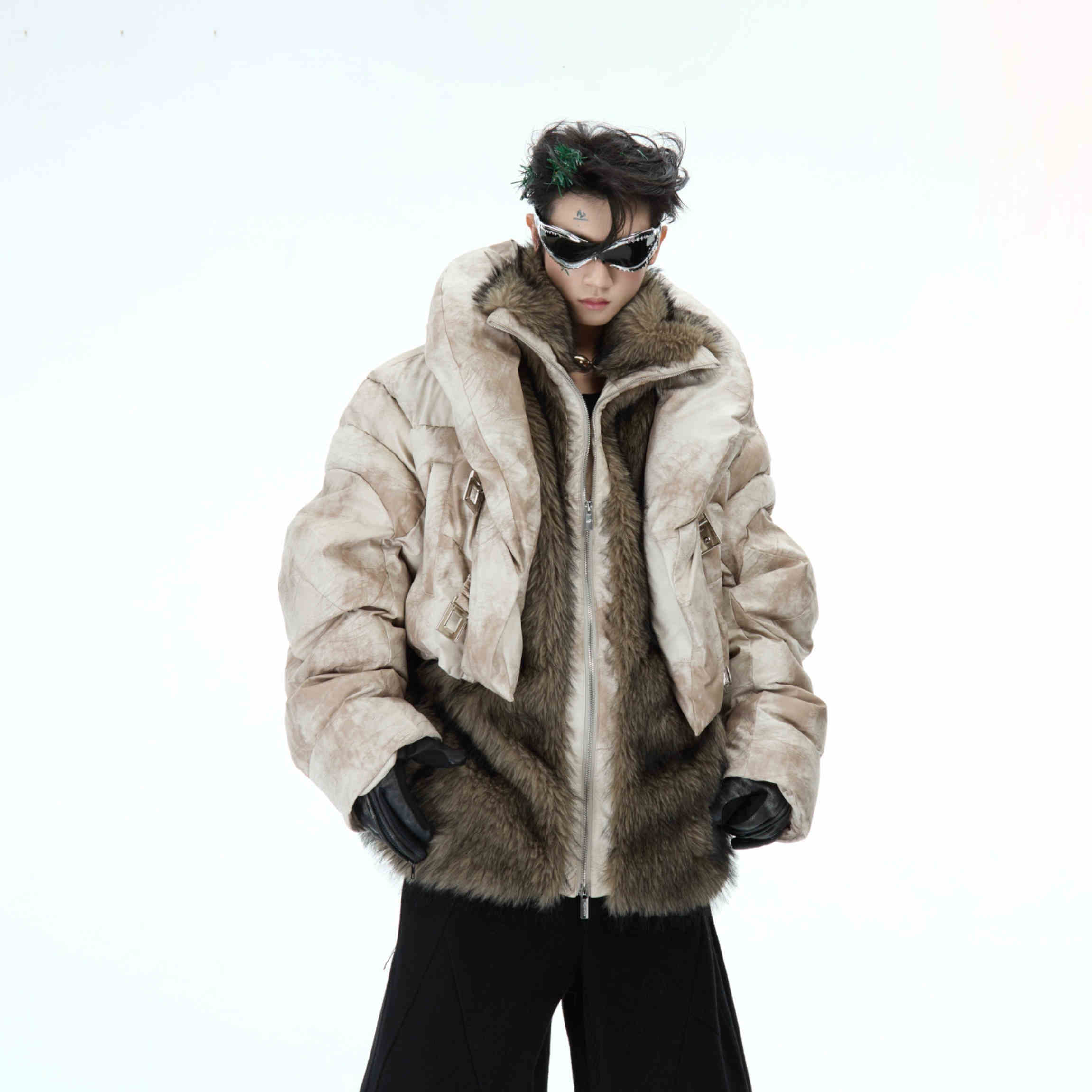 Deconstructing Mountain Carving Fake Two-piece Design Thickened Fur Cotton-padded Clothes